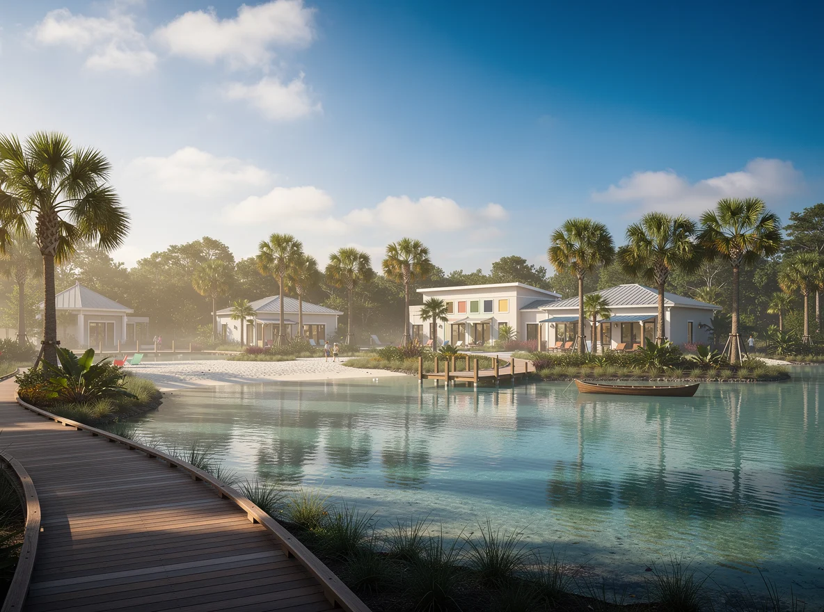 Lagoon-style water park and palm-lined paths in Nocatee