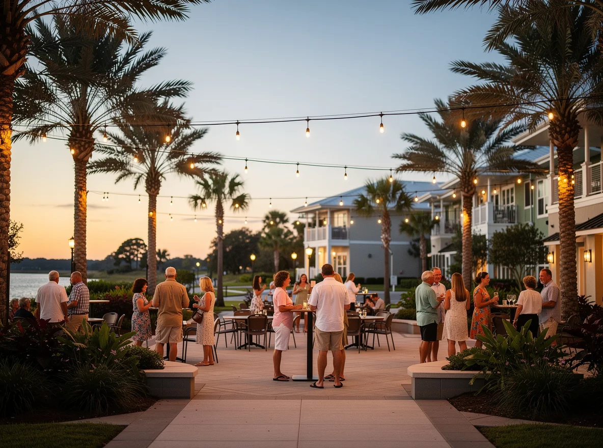 Relaxed evening community gathering in a landscaped outdoor plaza