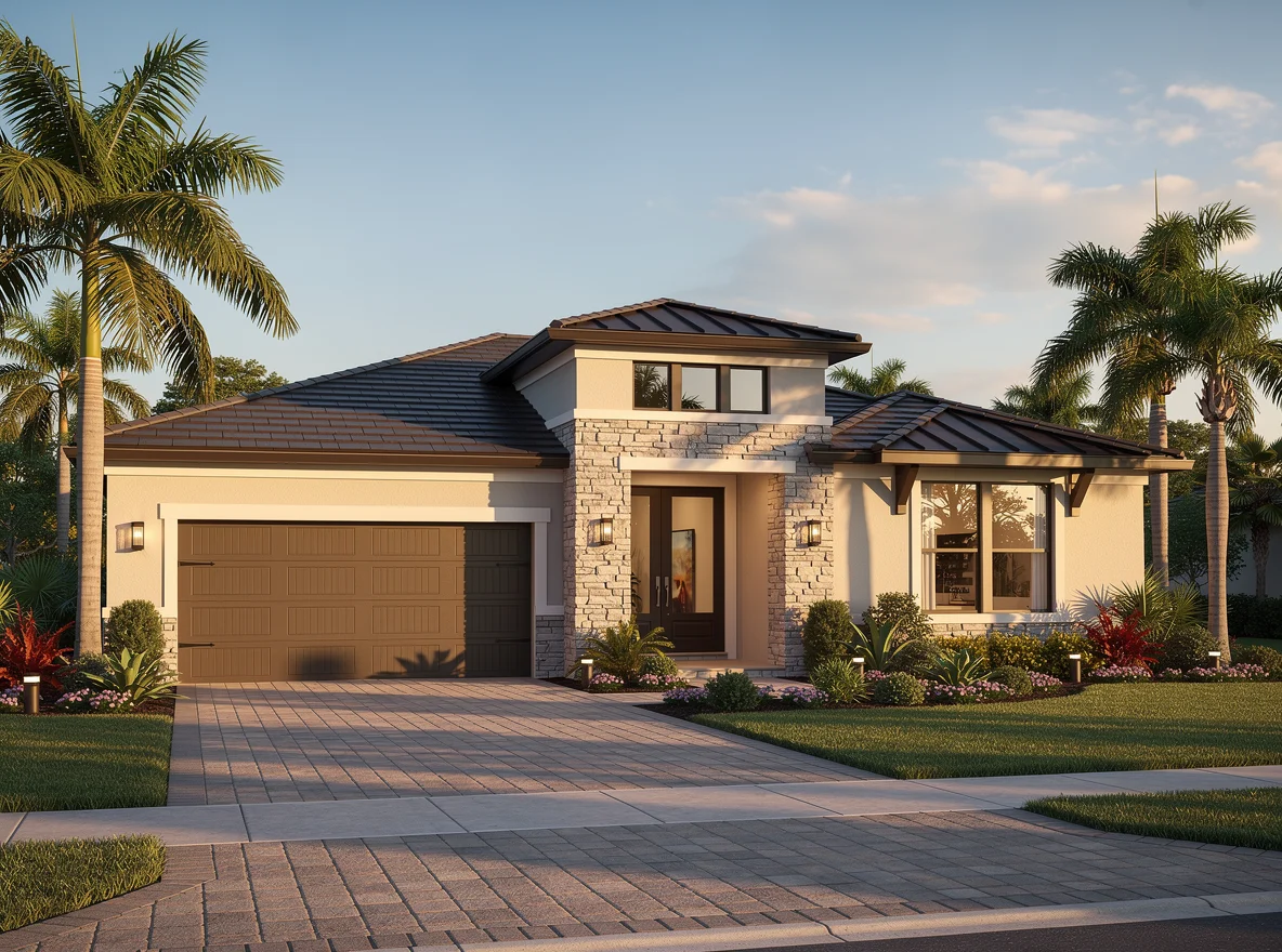 Modern Florida home exterior with palm trees and manicured landscaping
