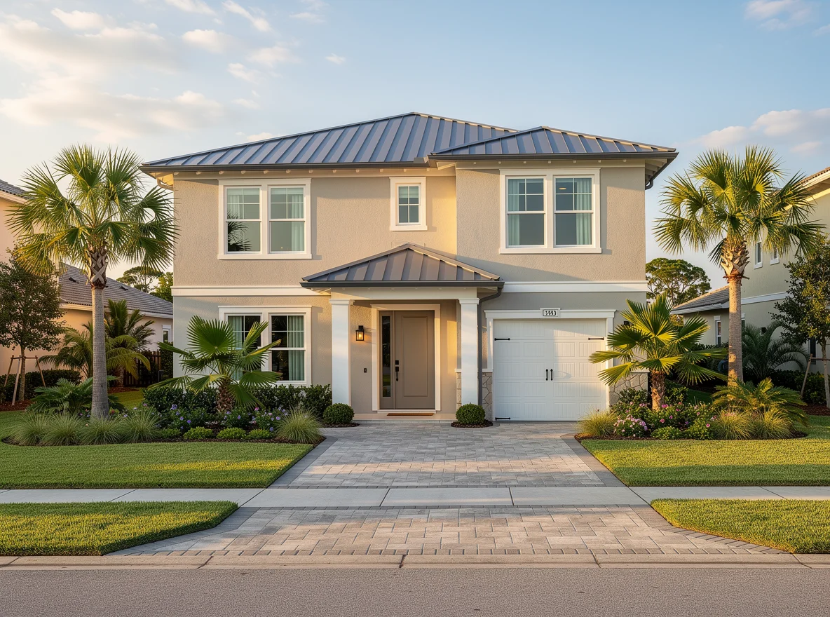 Coastal Florida home exterior with palms and bright, clean landscaping