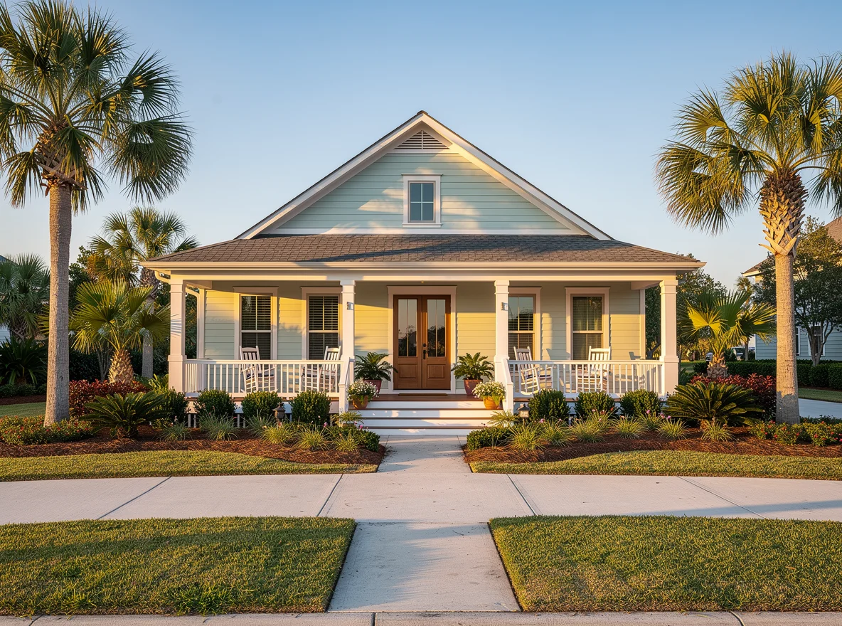 Coastal Florida home exterior with palms and front porch
