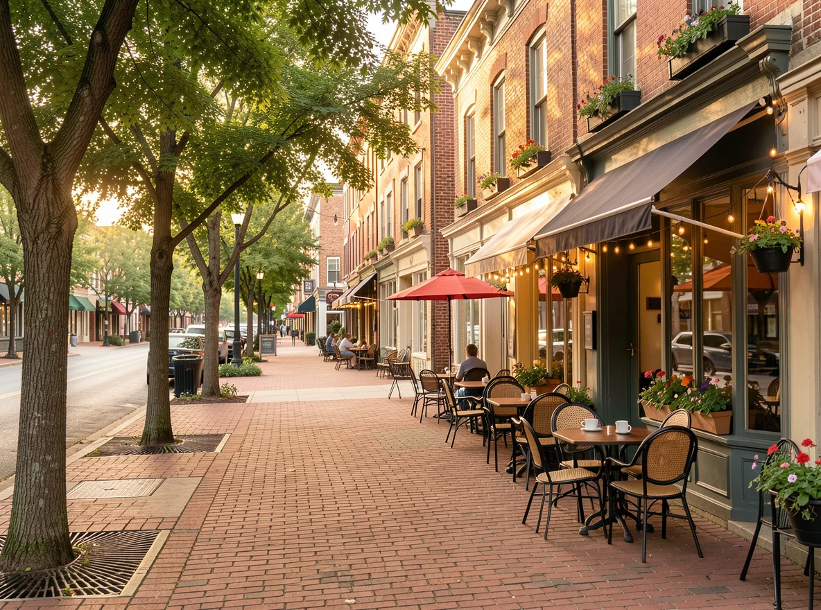 Historic Roswell streetscape with mature trees and local storefronts