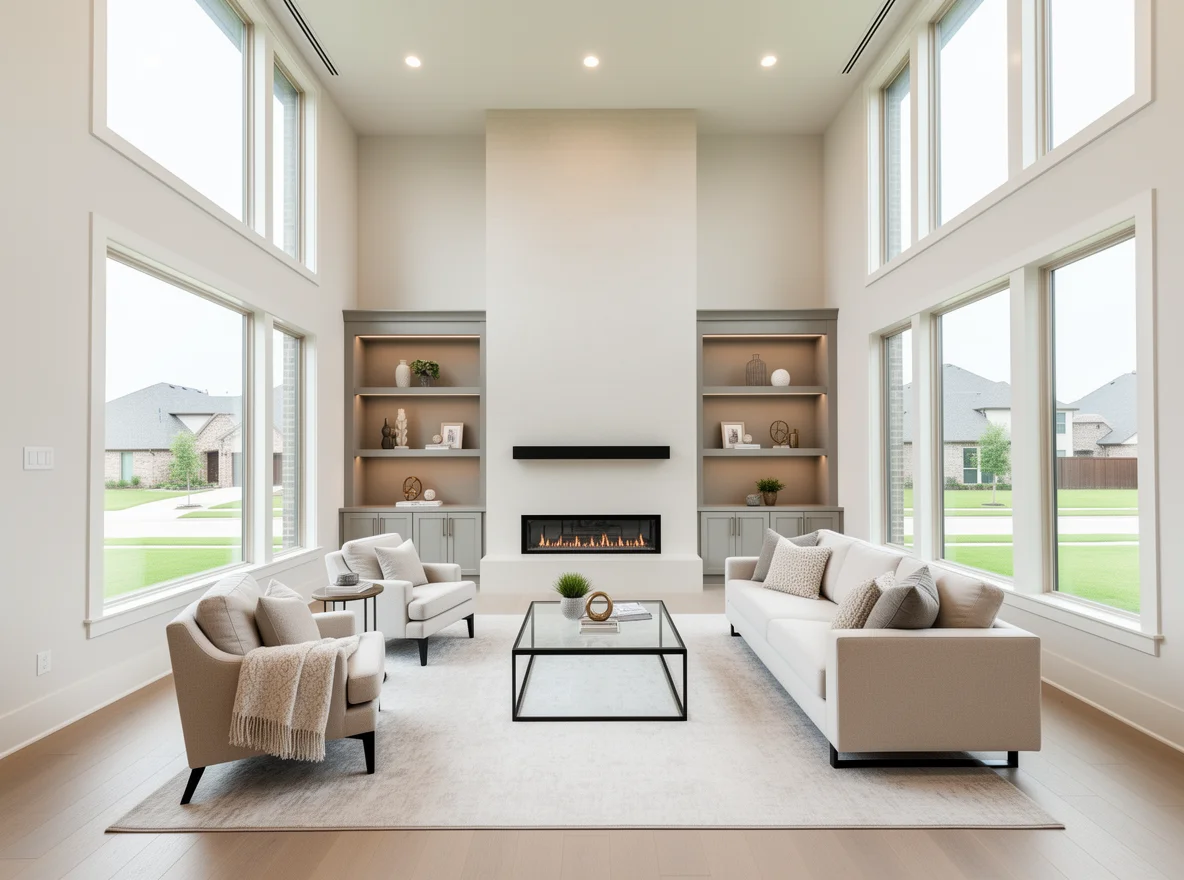 Luxury living room with tall ceilings and natural light