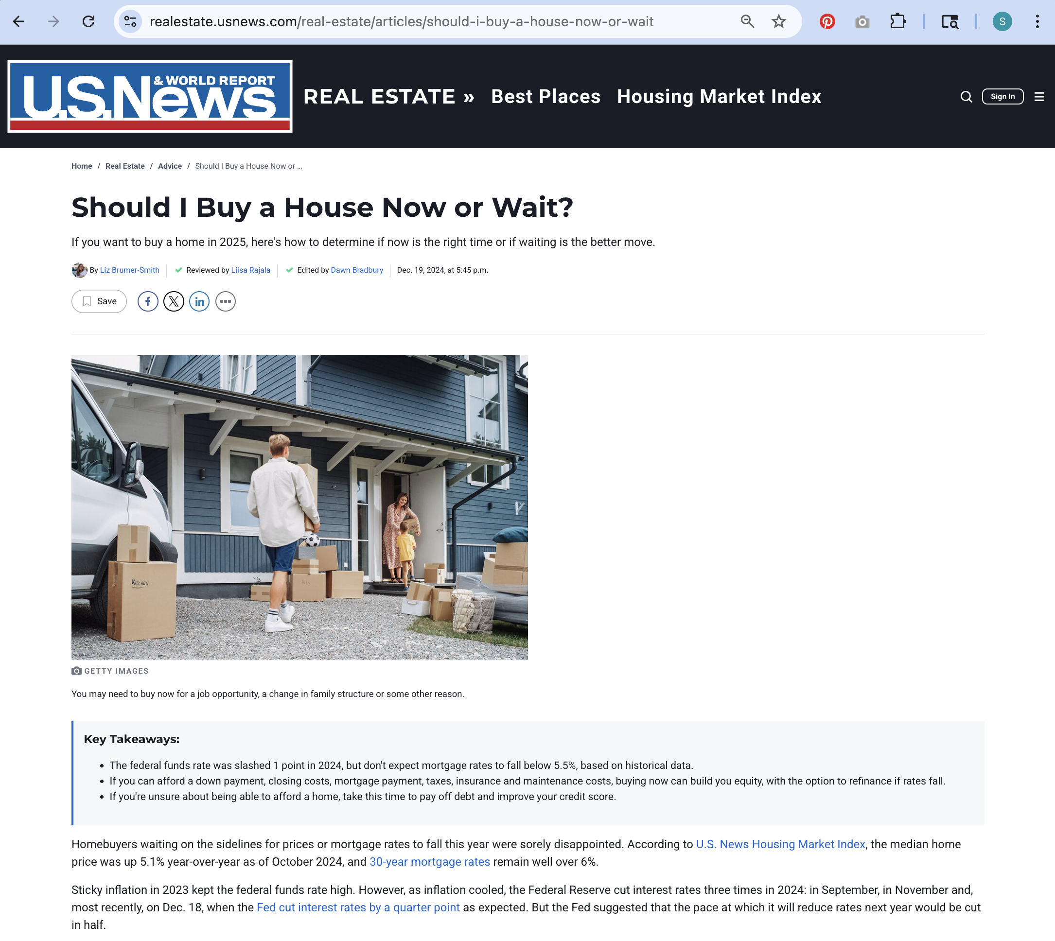 Screenshot of U.S. News article titled 'Should I Buy a House Now or Wait?' featuring Steavy Carter, Dallas Realtor