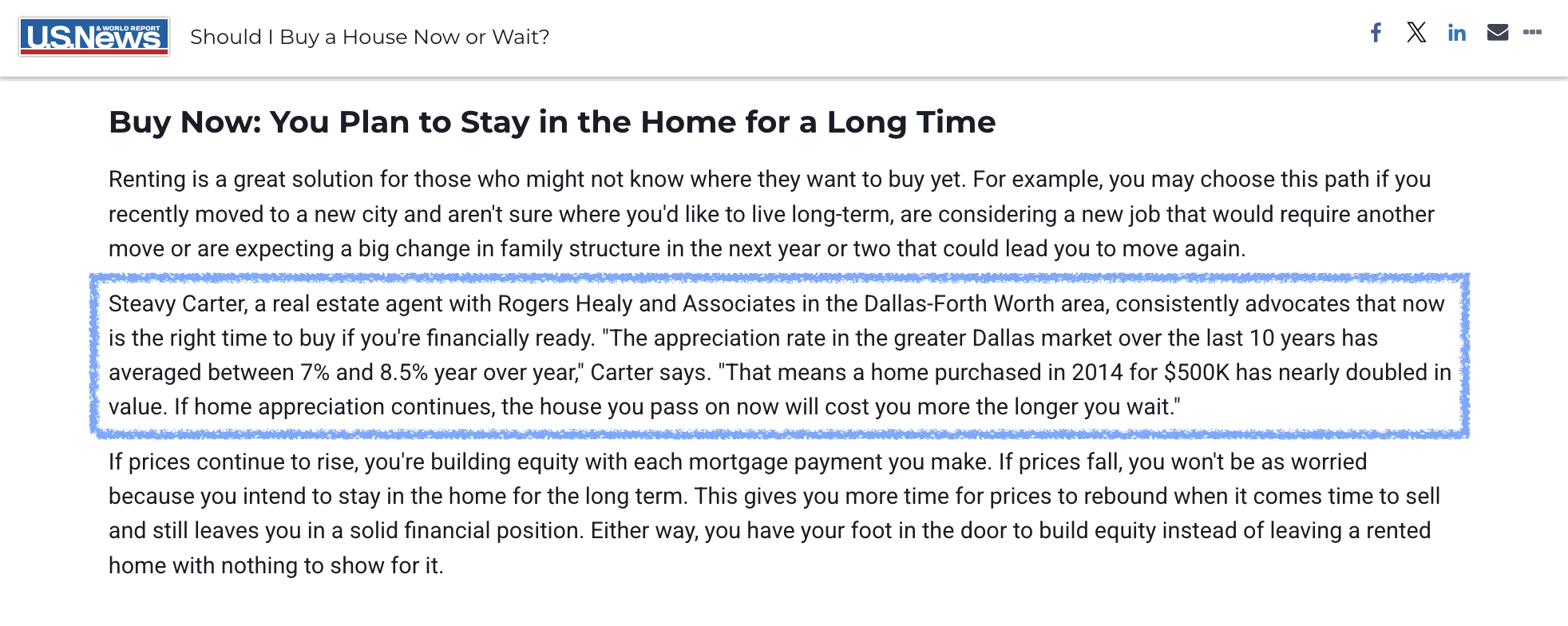 Steavy Carter quoted in U.S. News article about Dallas-Fort Worth housing appreciation and real estate market trends