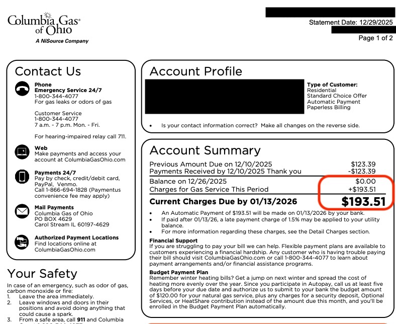 Columbia Gas of Ohio Bill