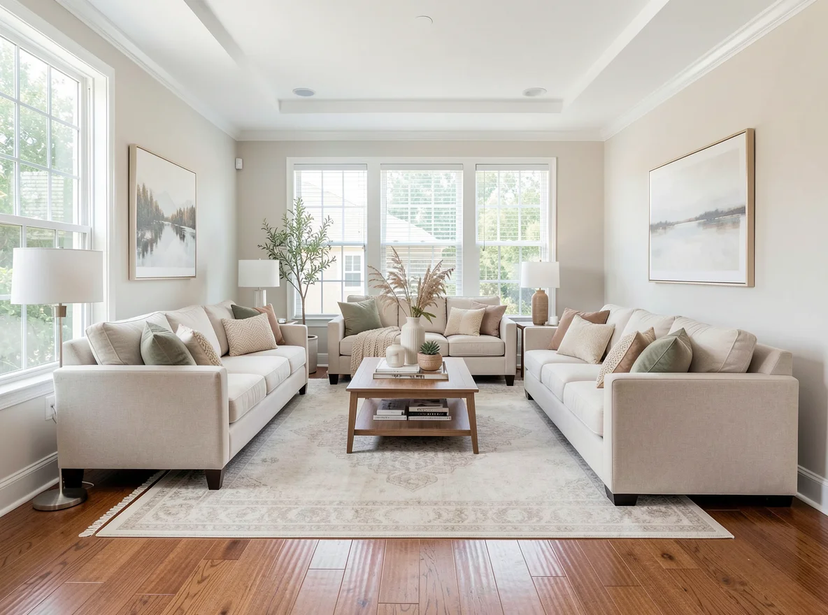 Bright staged living room prepared for listing photos
