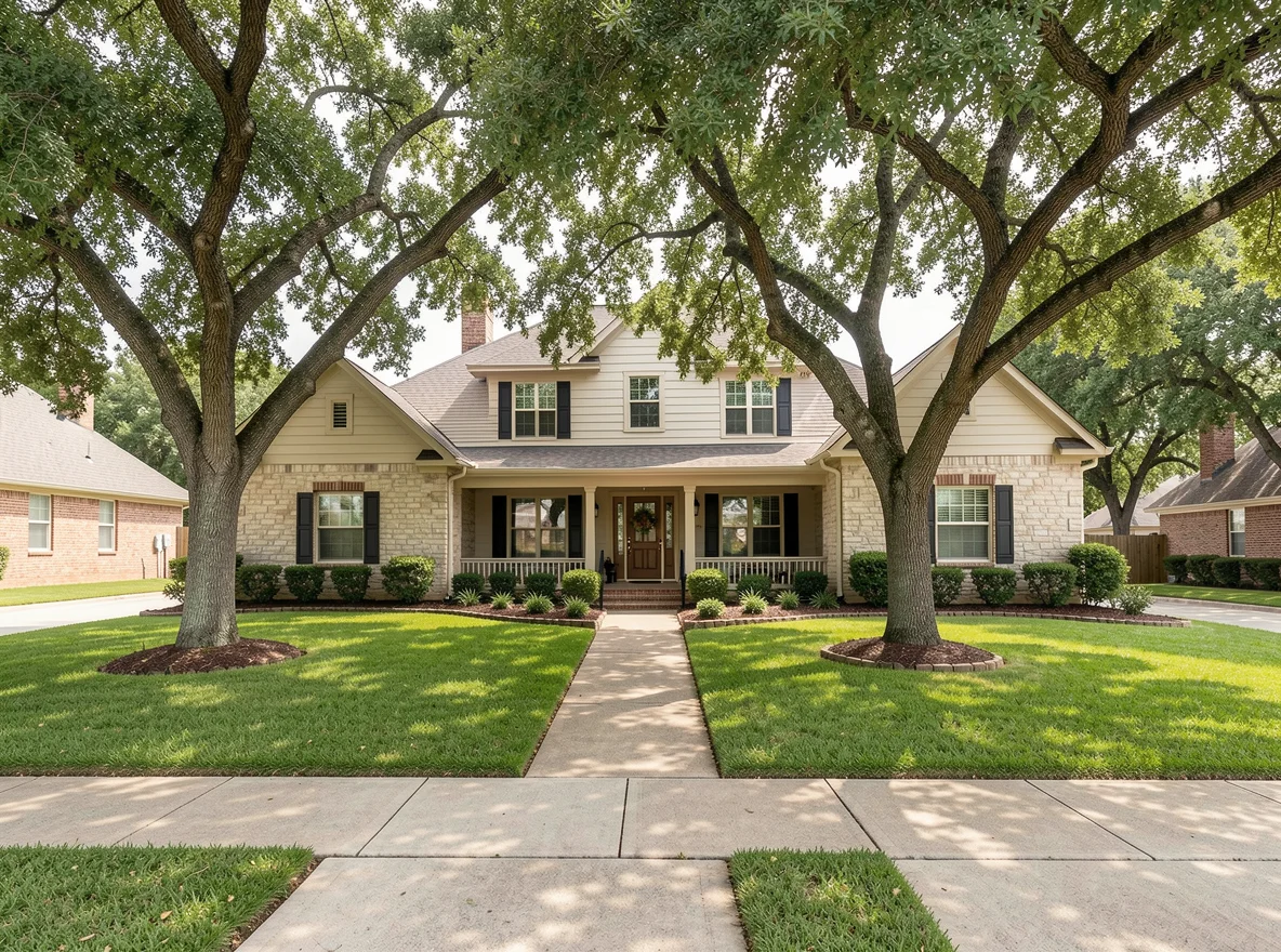 Texas home exterior with mature trees and spring landscaping