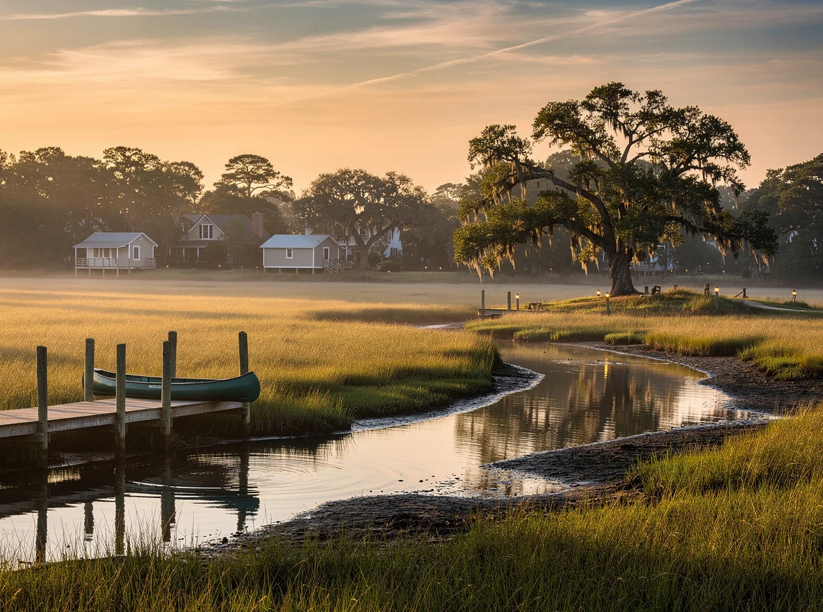 Charleston salt marsh at sunset with tidal creek and live oaks