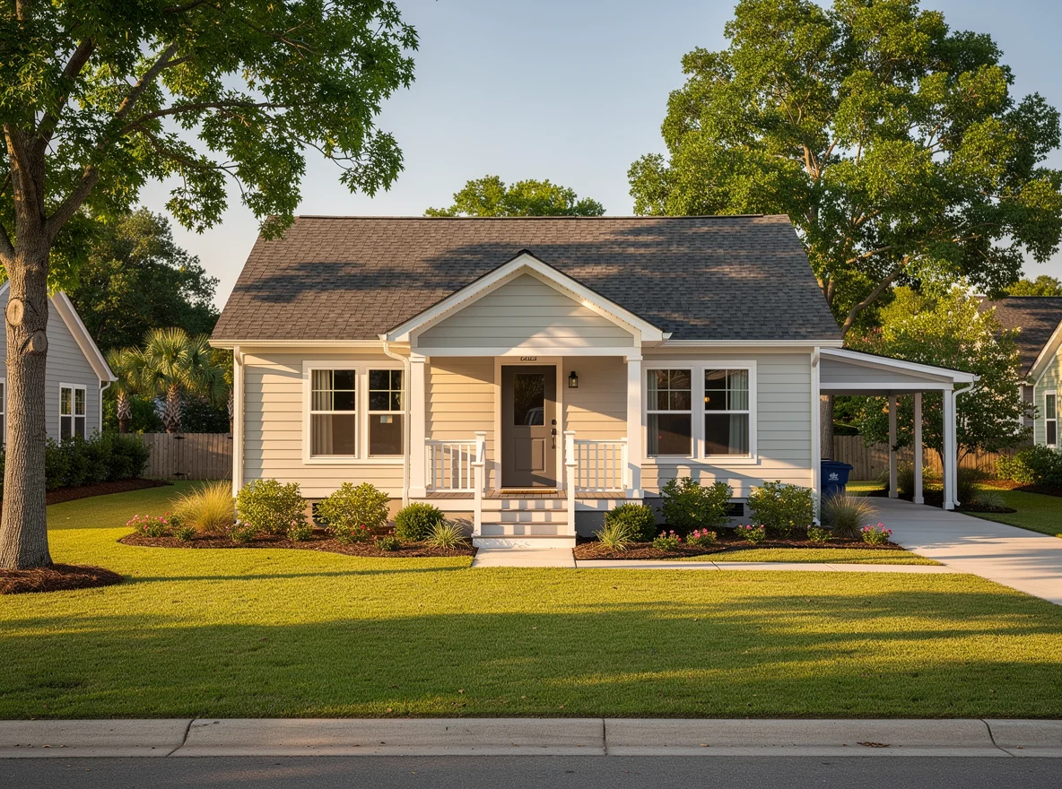 Starter home exterior with porch and trees in North Charleston