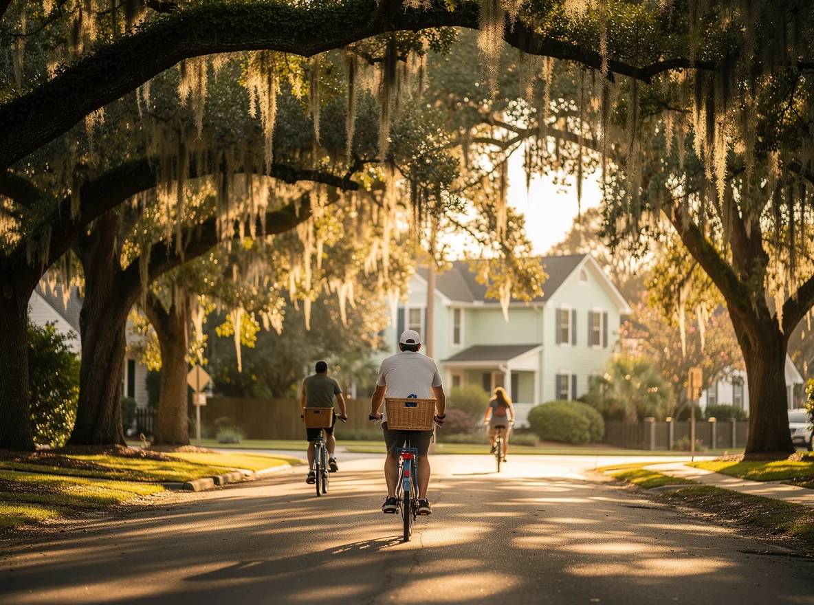 Bike ride under live oaks with Spanish moss in Charleston neighborhood