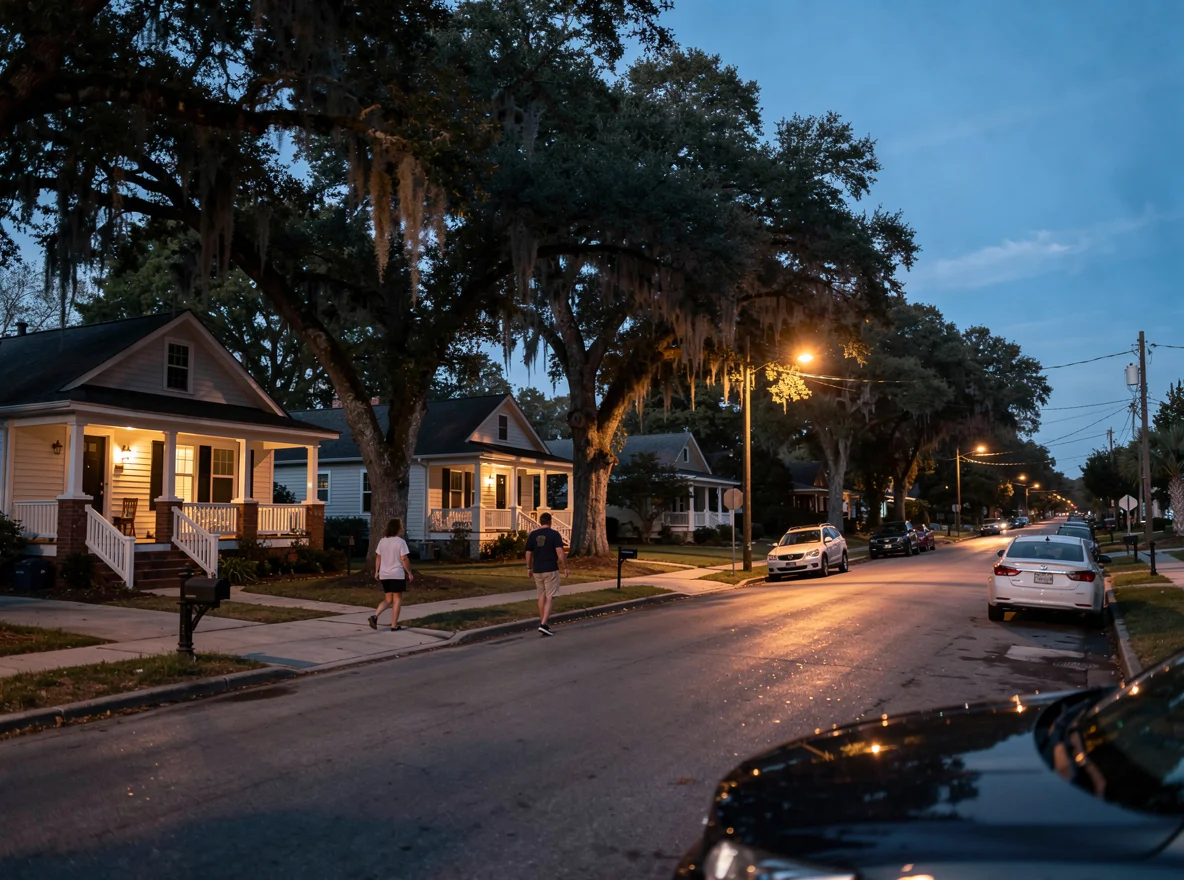 Tree-lined neighborhood street in North Charleston at dusk