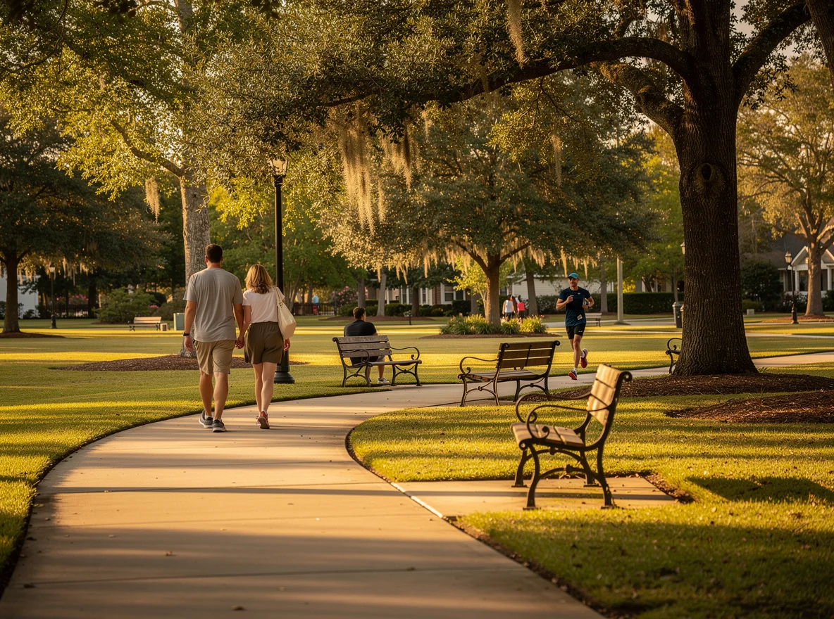 Neighborhood green space with walking path and trees