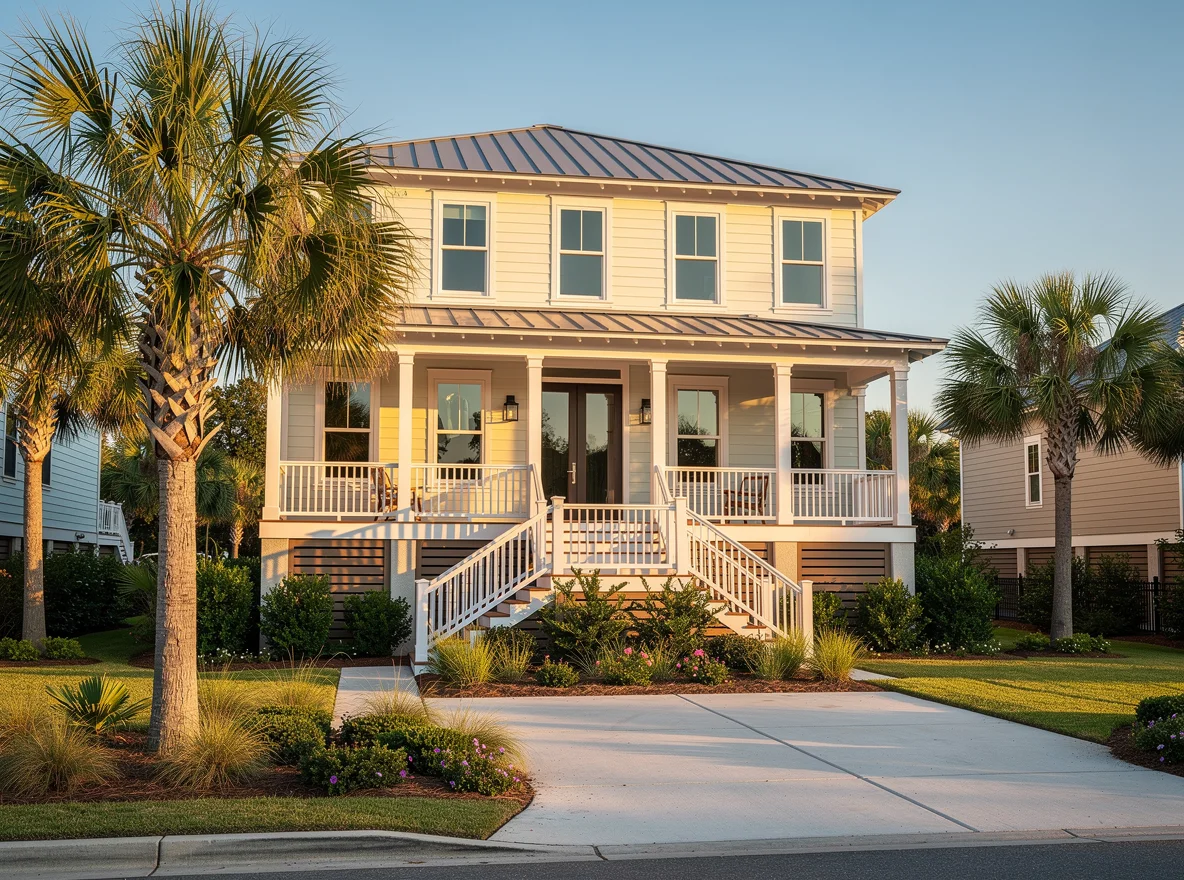 Coastal Charleston-style home exterior with palm trees and front porch