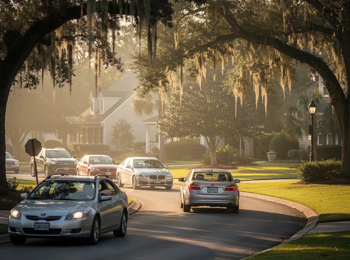Tree-lined roadway in Mount Pleasant during morning commute