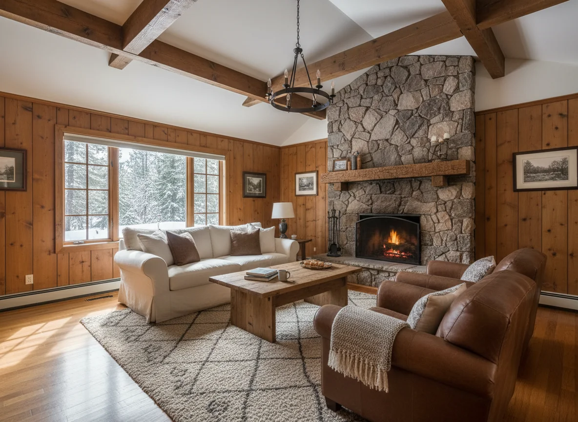 Cozy cabin living room with fireplace in Pinecrest, California