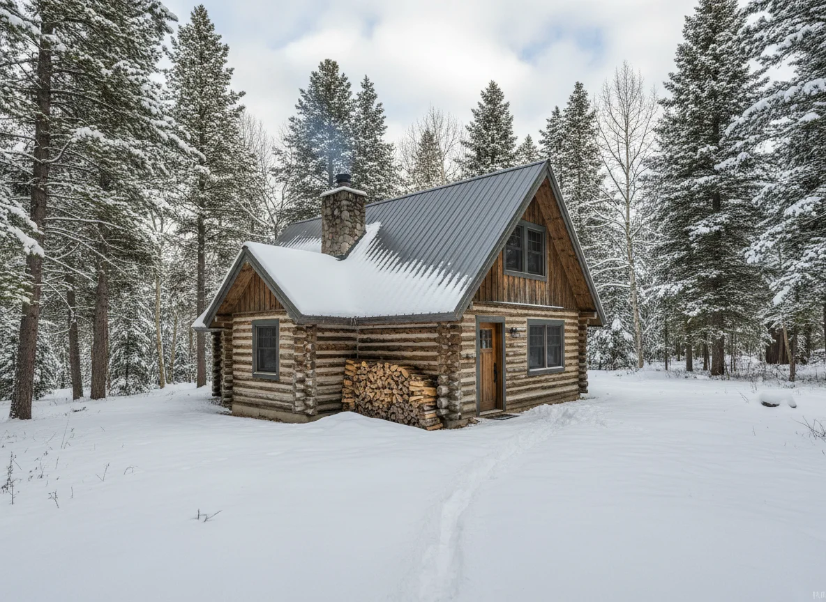 Snow-dusted cabin exterior in Pinecrest, California