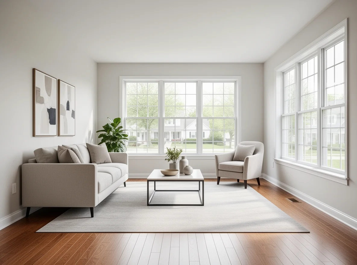 Bright staged living room with neutral decor in Ridgefield Park, New Jersey