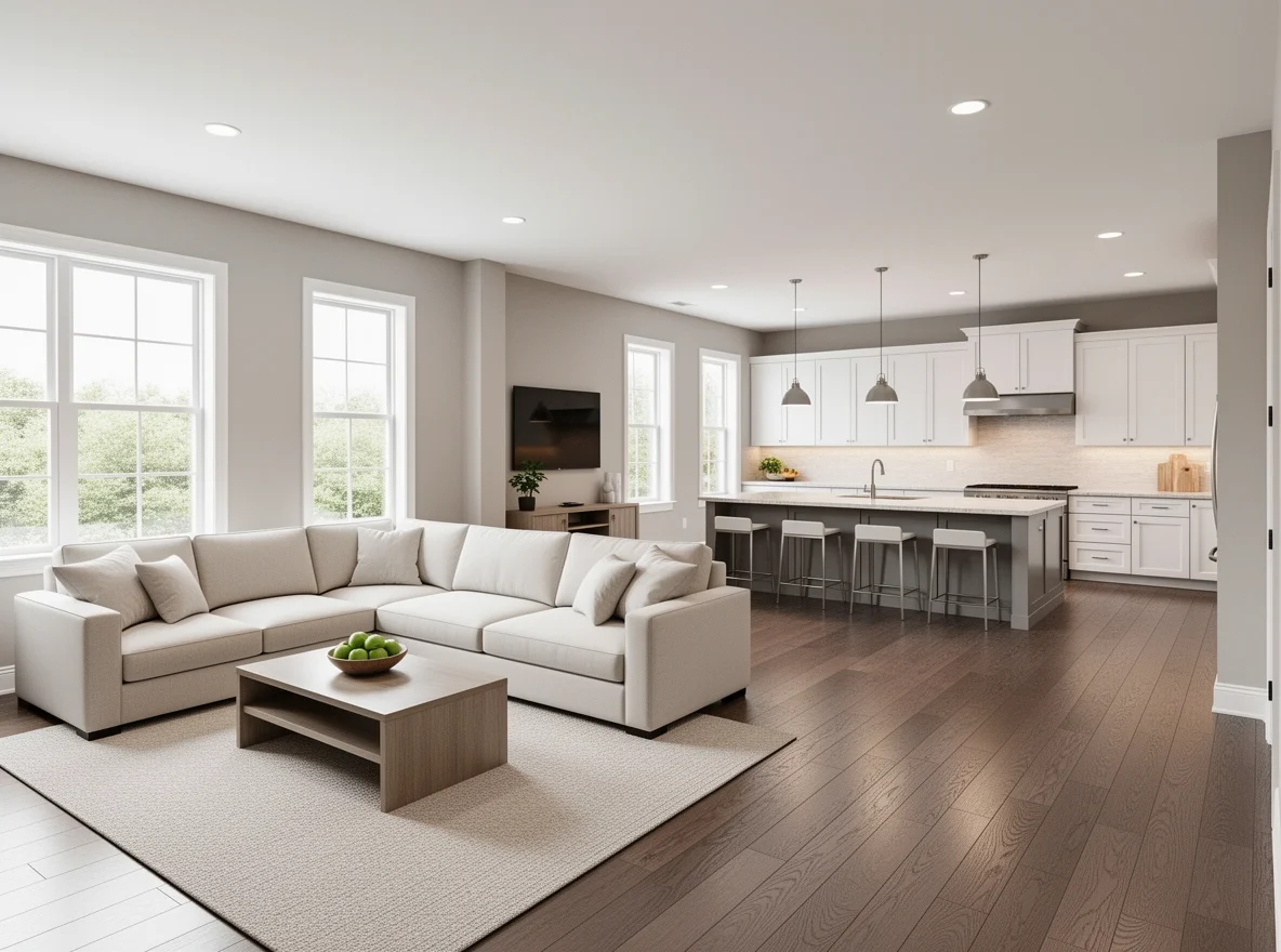 Open-concept kitchen and family room with natural light