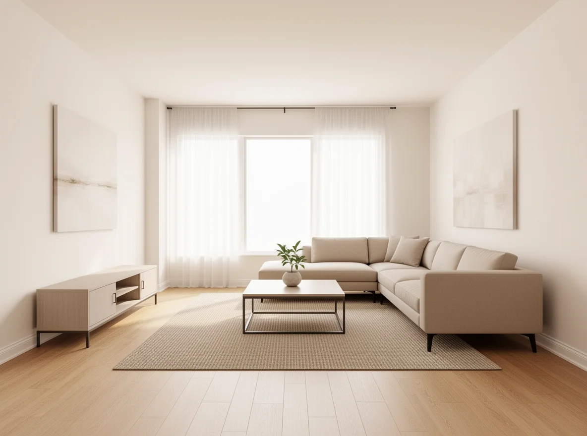 Staged, light-filled living room with neutral finishes
