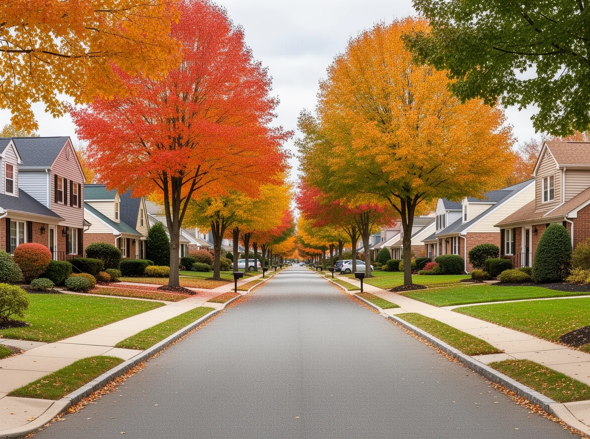 Tree-lined Bergen County neighborhood lifestyle scene in autumn
