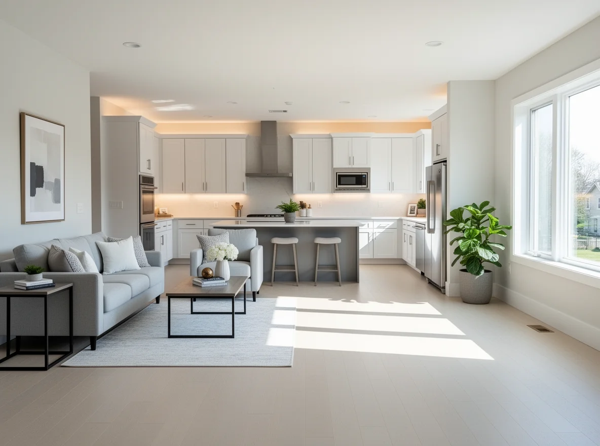 Bright living room and kitchen interior in Ridgefield Park, New Jersey