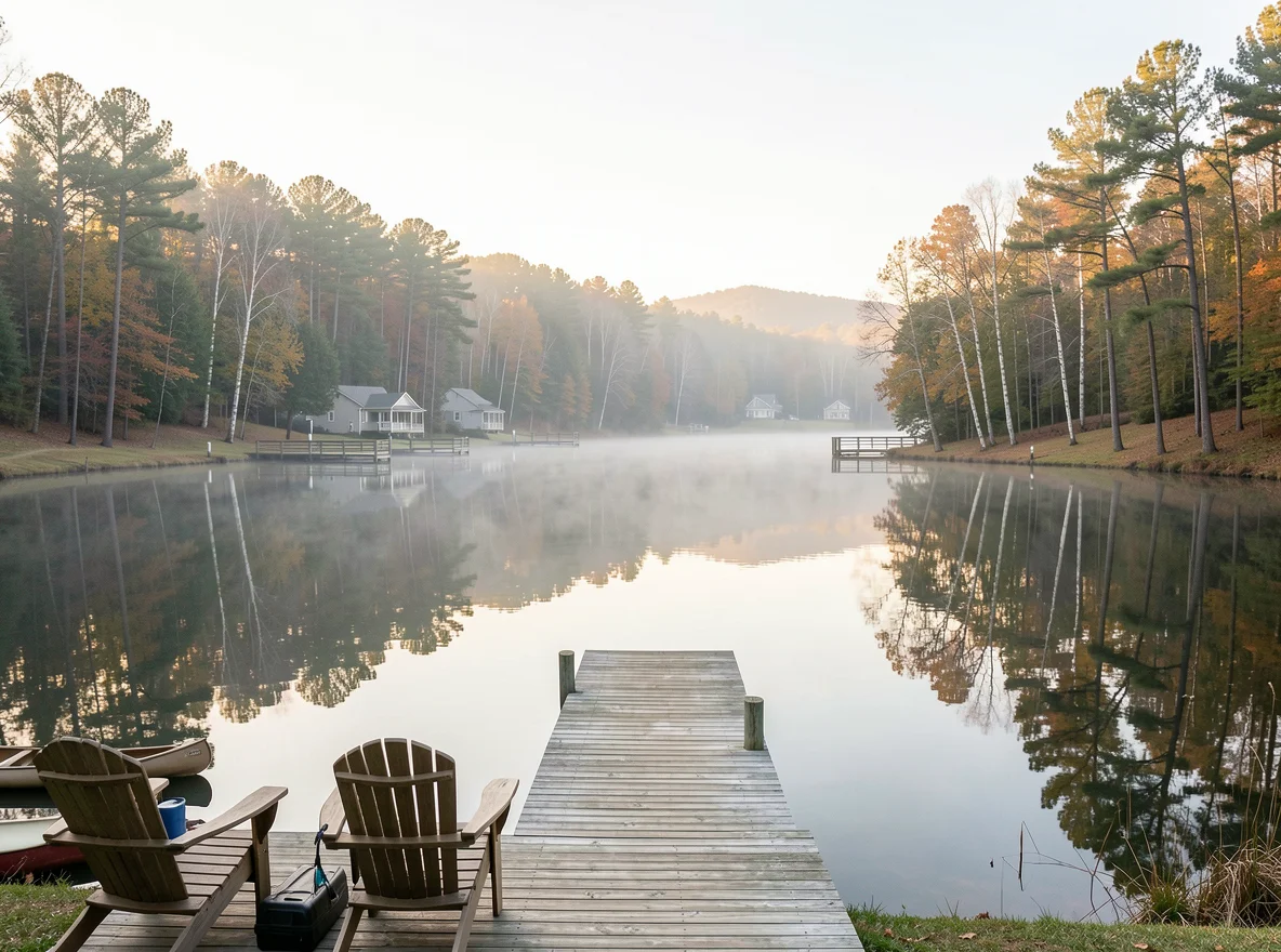 Lake and wooded shoreline in Hot Springs Village, Arkansas