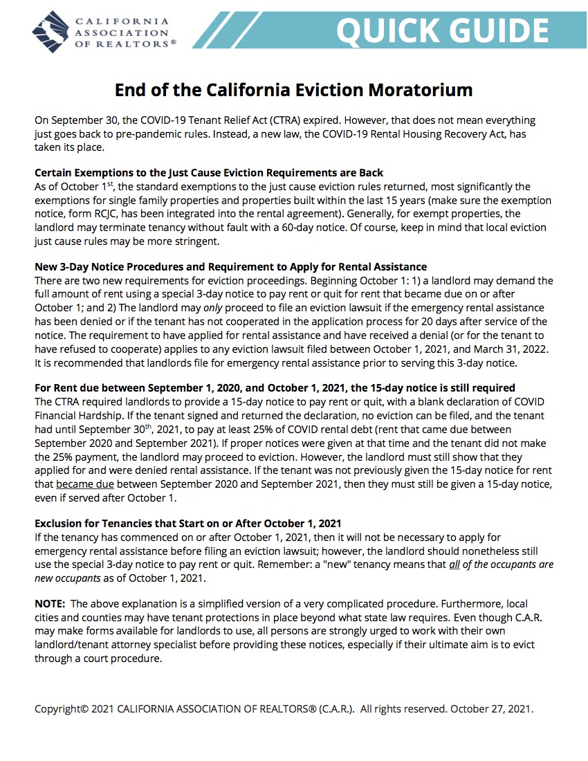 End of California Eviction Moratorium