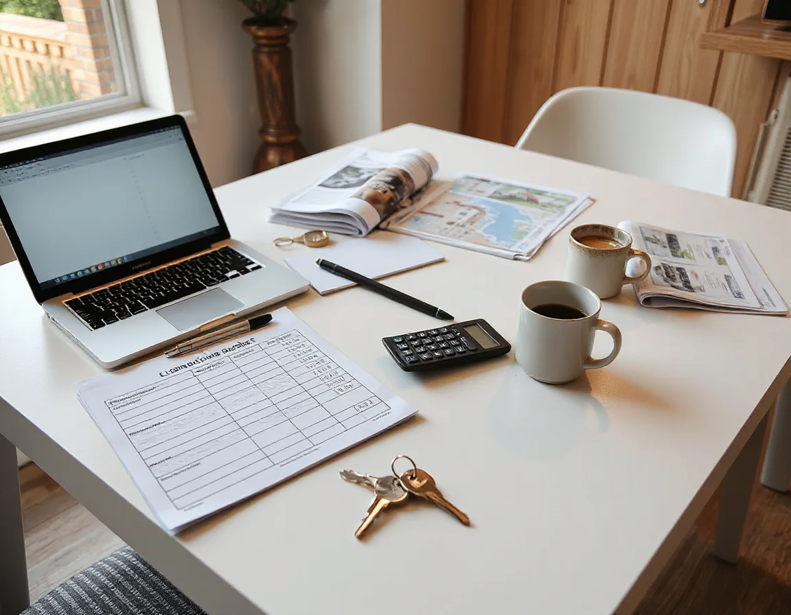 Home purchase budget documents and calculator on a desk