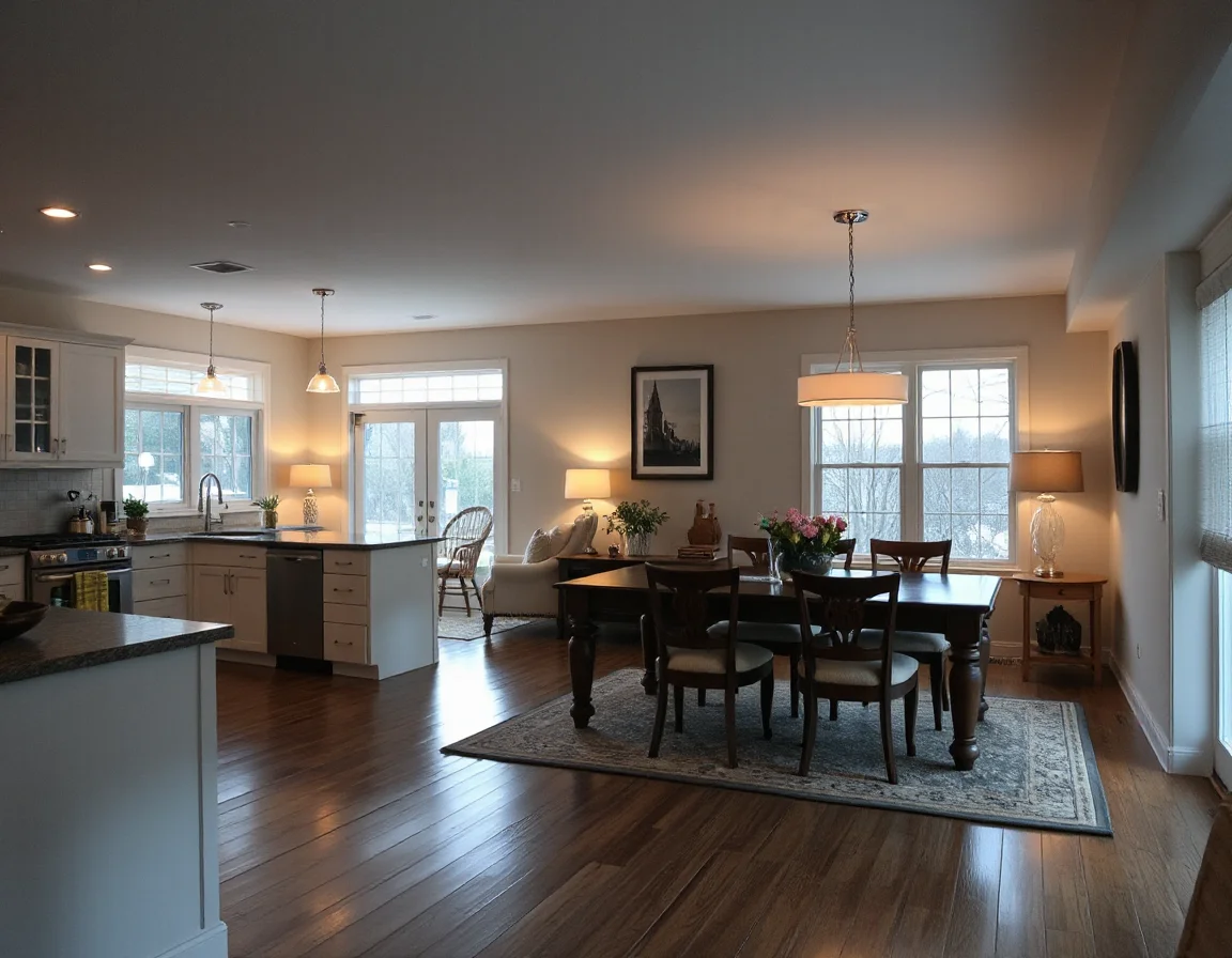 Neutral kitchen and dining area with durable finishes