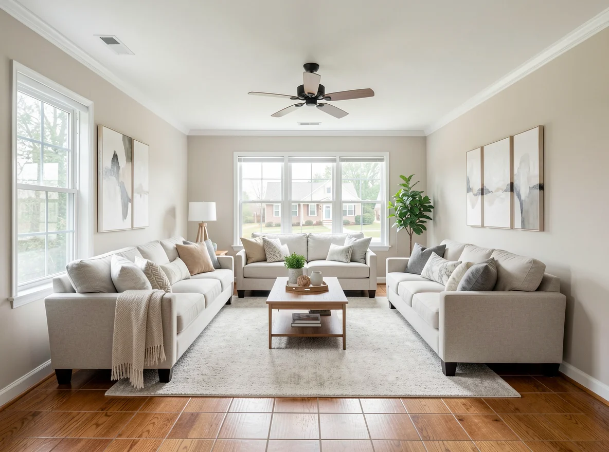 Bright staged living room with neutral finishes