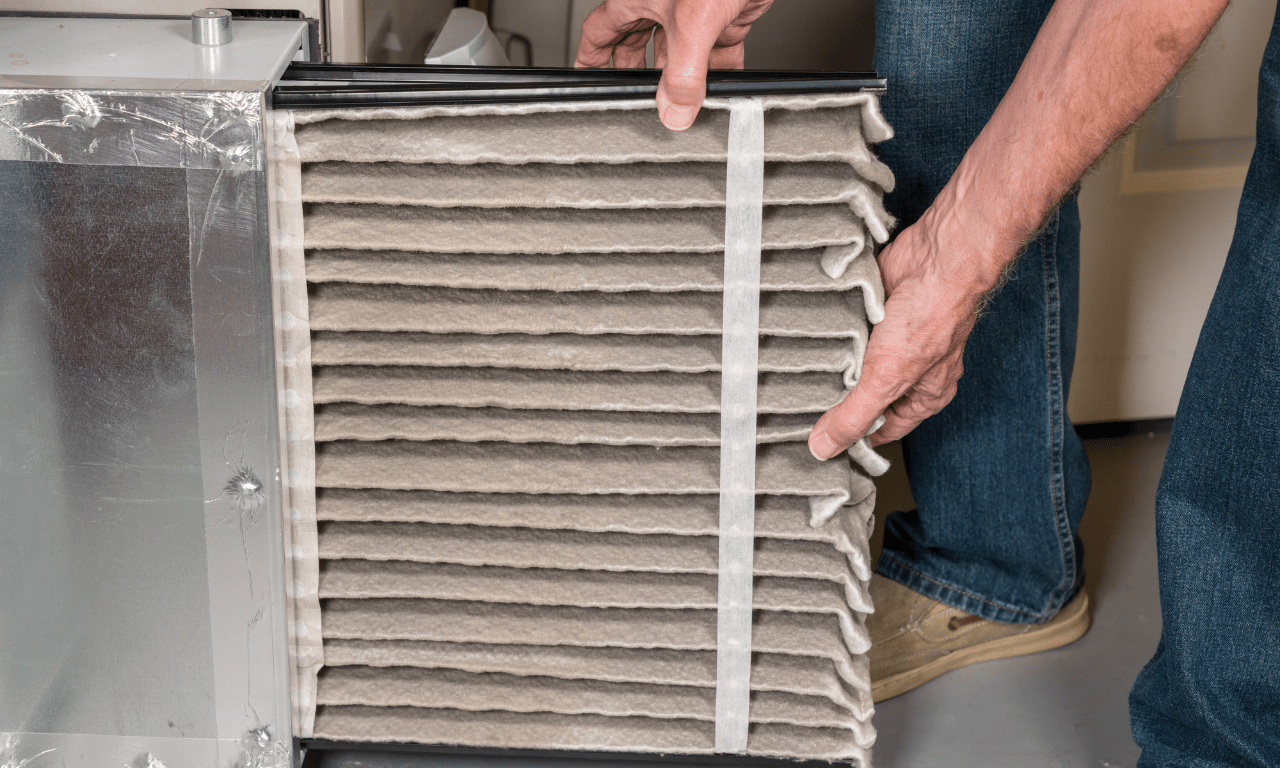 Man replacing the air filter on a furnace.