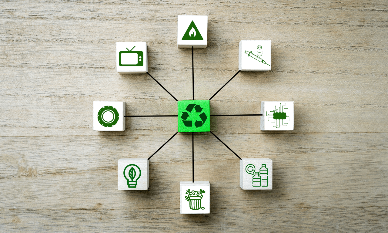 Illustration showing recycling of various items like tires, electronics, yard waste,etc.