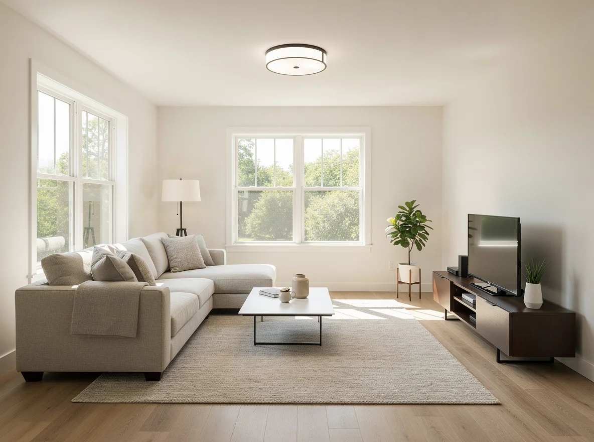 Neutral, bright living room staged for sale
