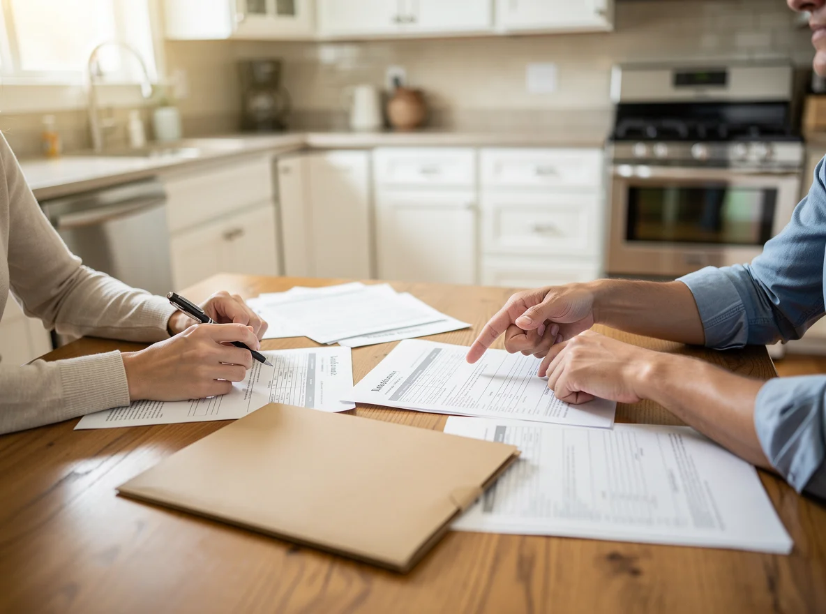 Home buying paperwork at a kitchen table