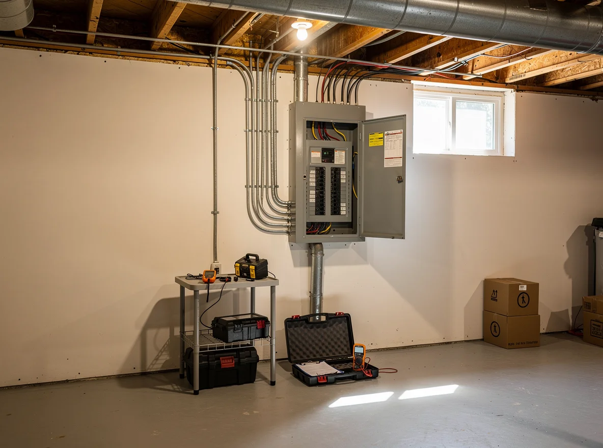Home inspection of electrical panel in basement