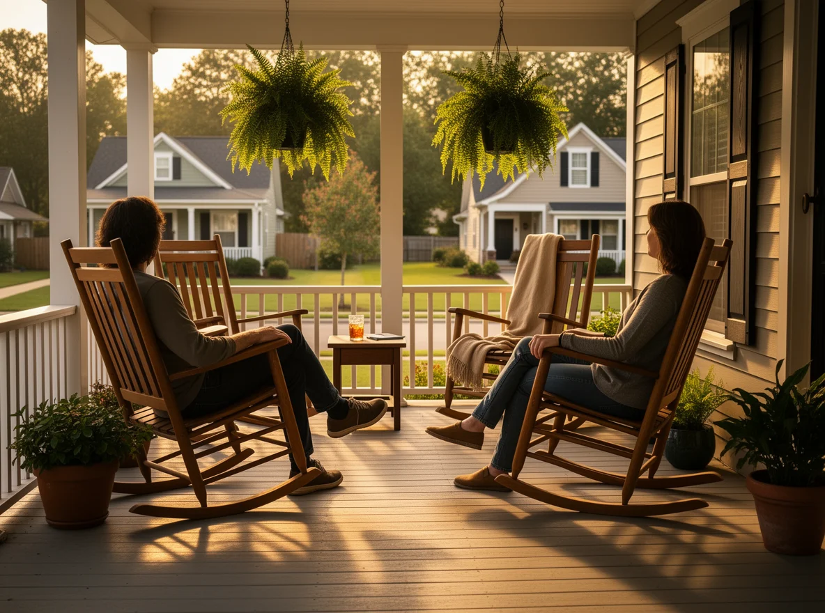 Warm front porch scene with rocking chairs in Ashland, Alabama