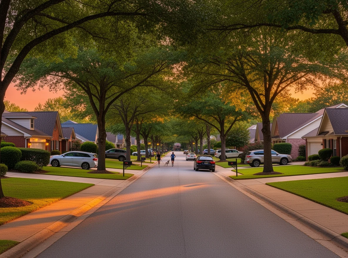 Tree-lined neighborhood feel in Hoover at sunset