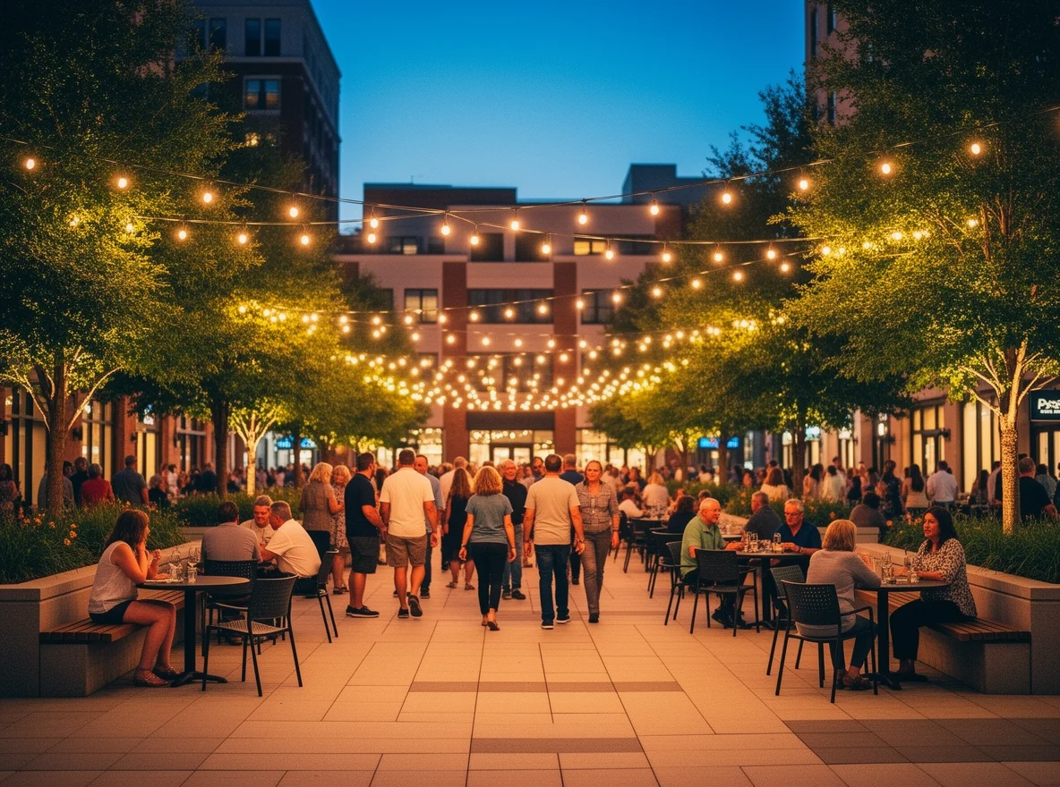 Evening community gathering in an outdoor plaza in Birmingham
