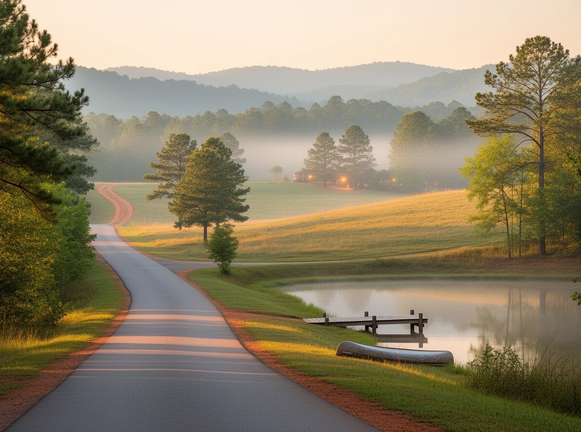 Quiet country road and wooded landscape near Ashland, Alabama