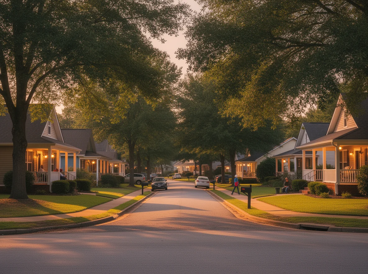 Porch-lined neighborhood street in Sylacauga, Alabama