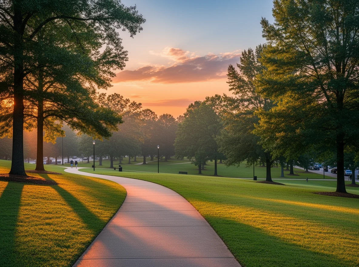 Sunset over a Birmingham park with trails and trees