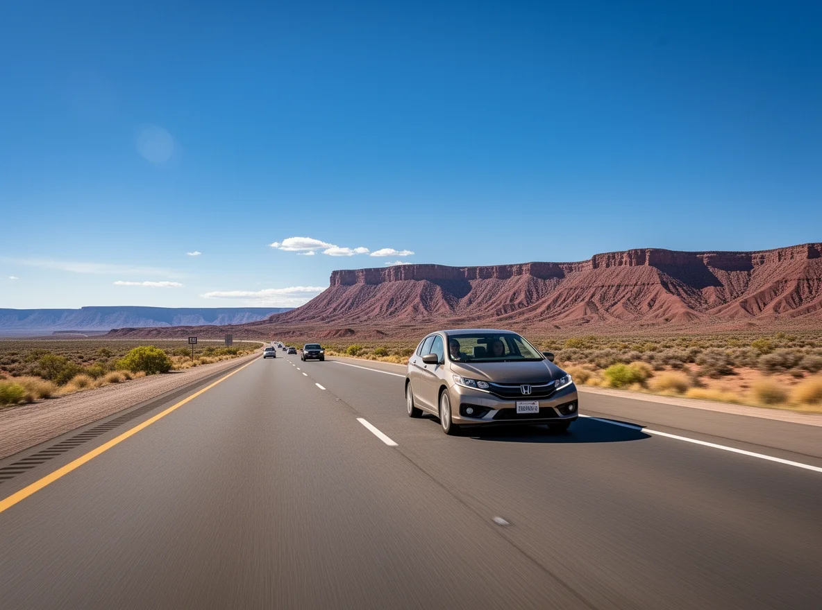 Commuter driving along a desert highway near Los Lunas