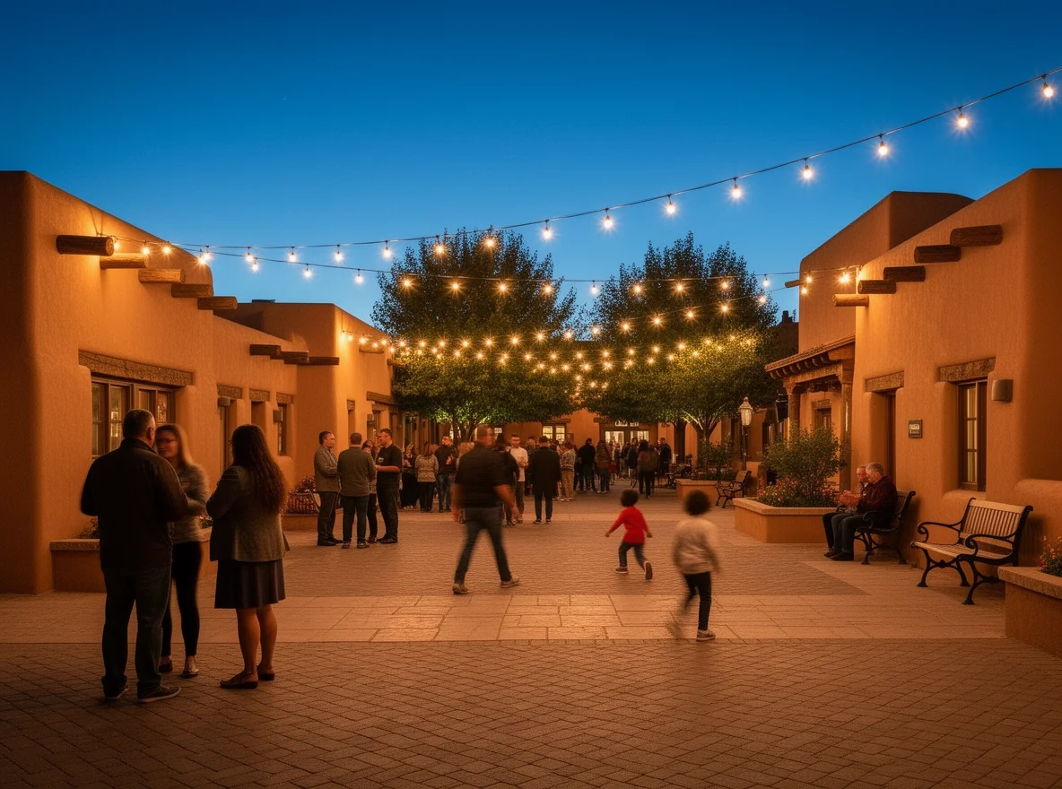 Community gathering in a historic plaza in Albuquerque