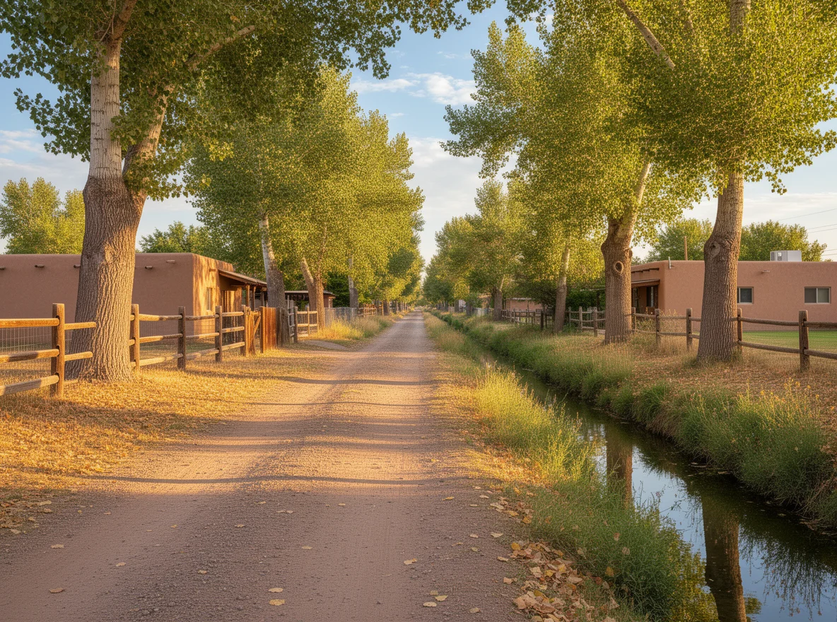 Tree-lined lane and mature landscaping in Los Ranchos