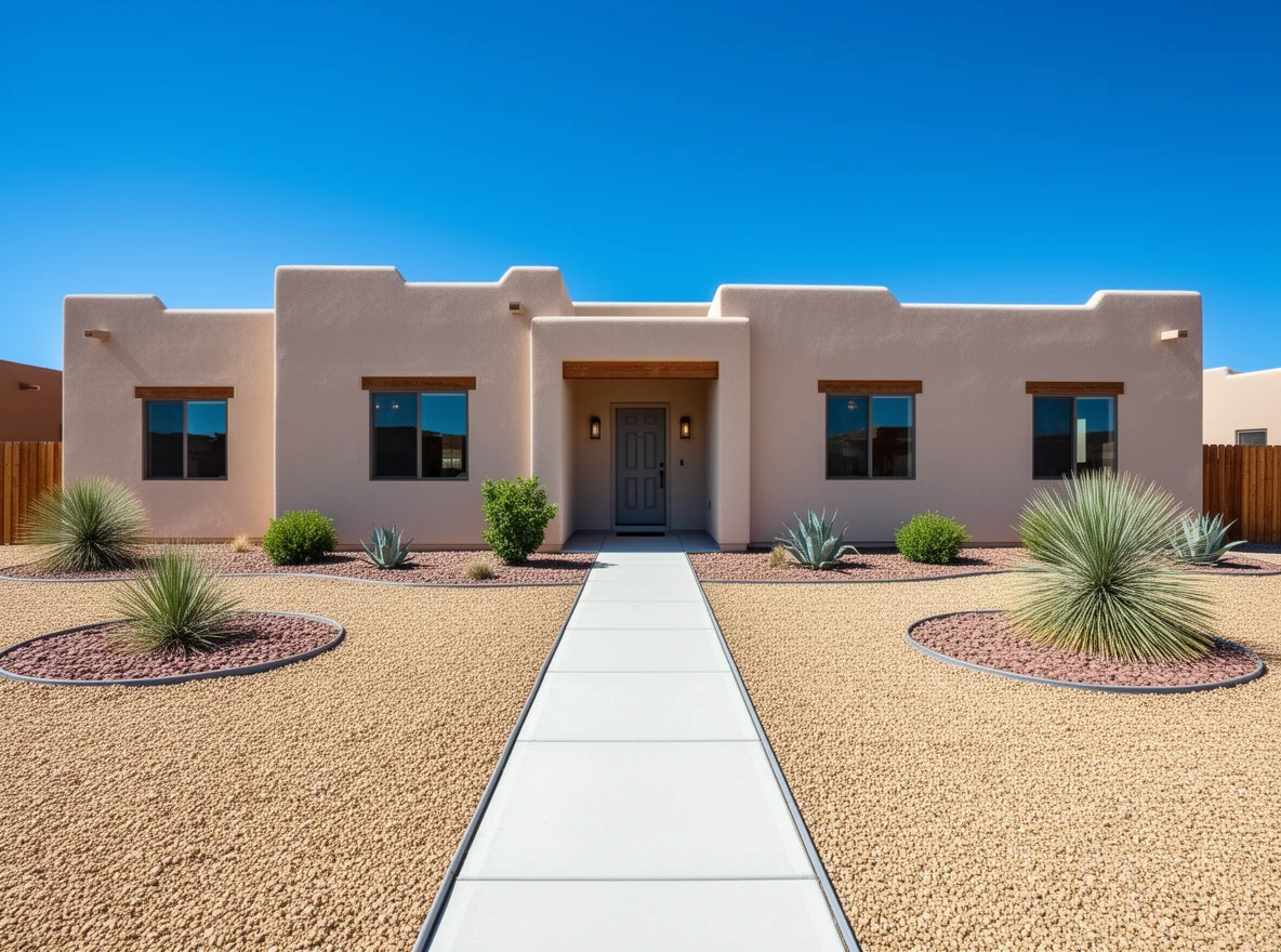 Freshened Southwestern home exterior with clean landscaping in Bernalillo