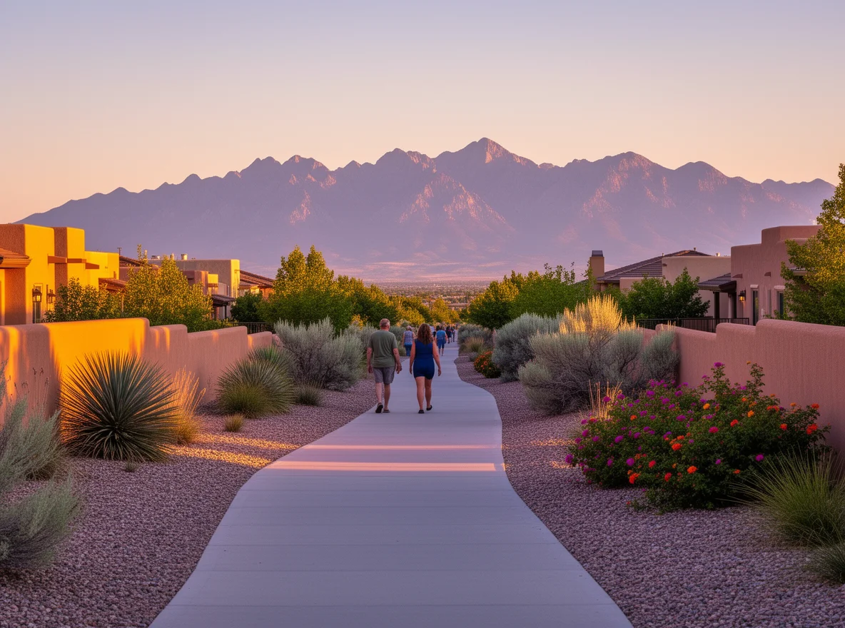Neighborhood walking path with mountain views in Bernalillo