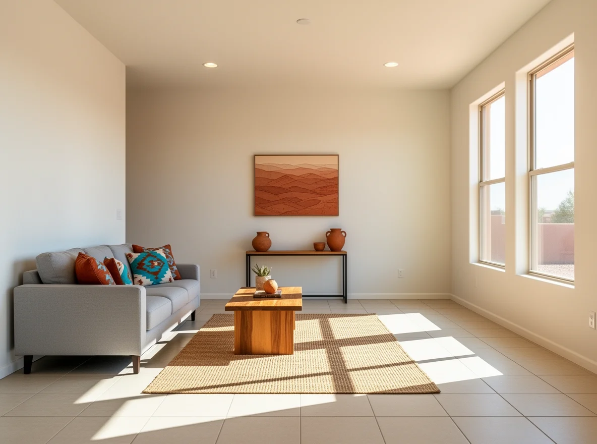 Bright neutral living room staged simply for selling