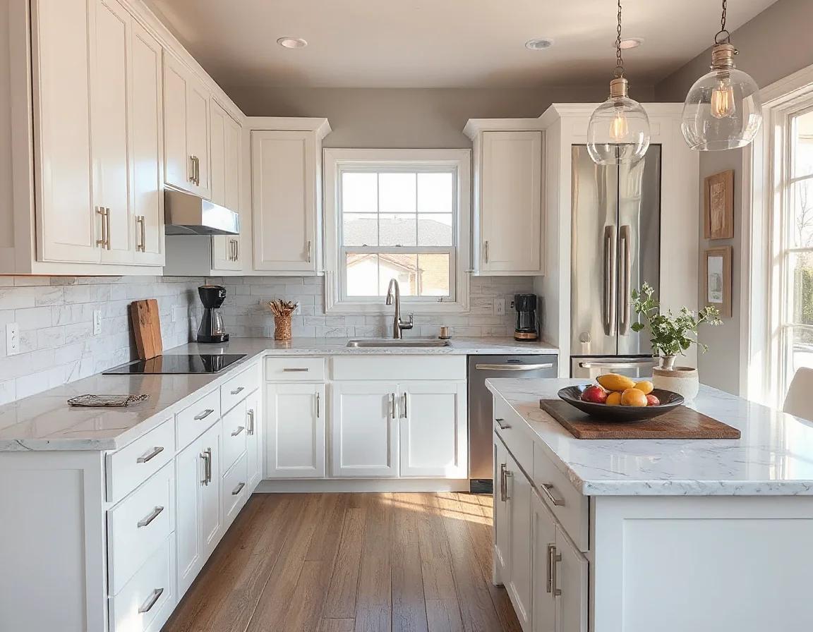 Updated kitchen with light cabinetry and durable finishes