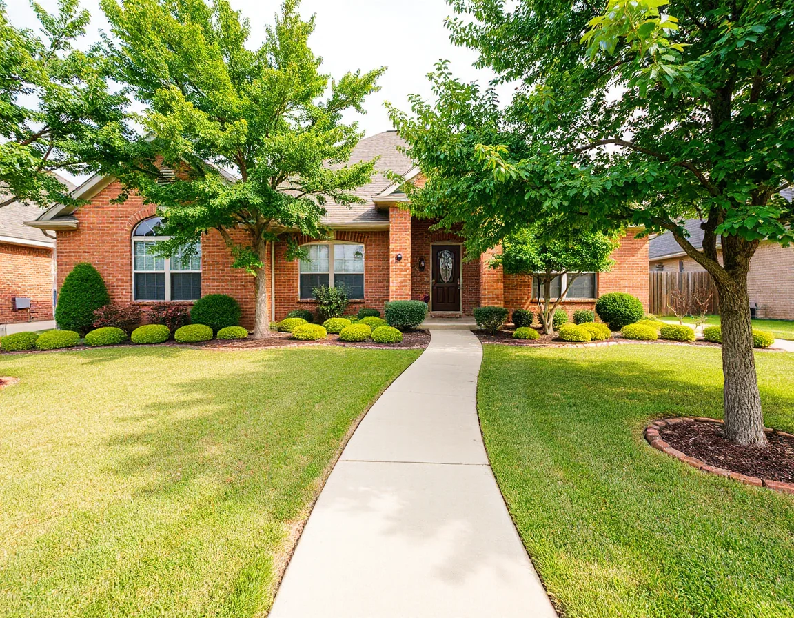 Prepared brick home exterior with neat landscaping in Broken Arrow